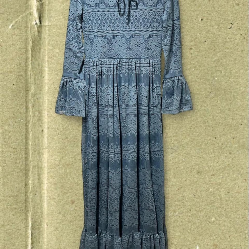 Bürün Blue Lace Tiered Maxi Dress Boho Bell Sleeve Size M